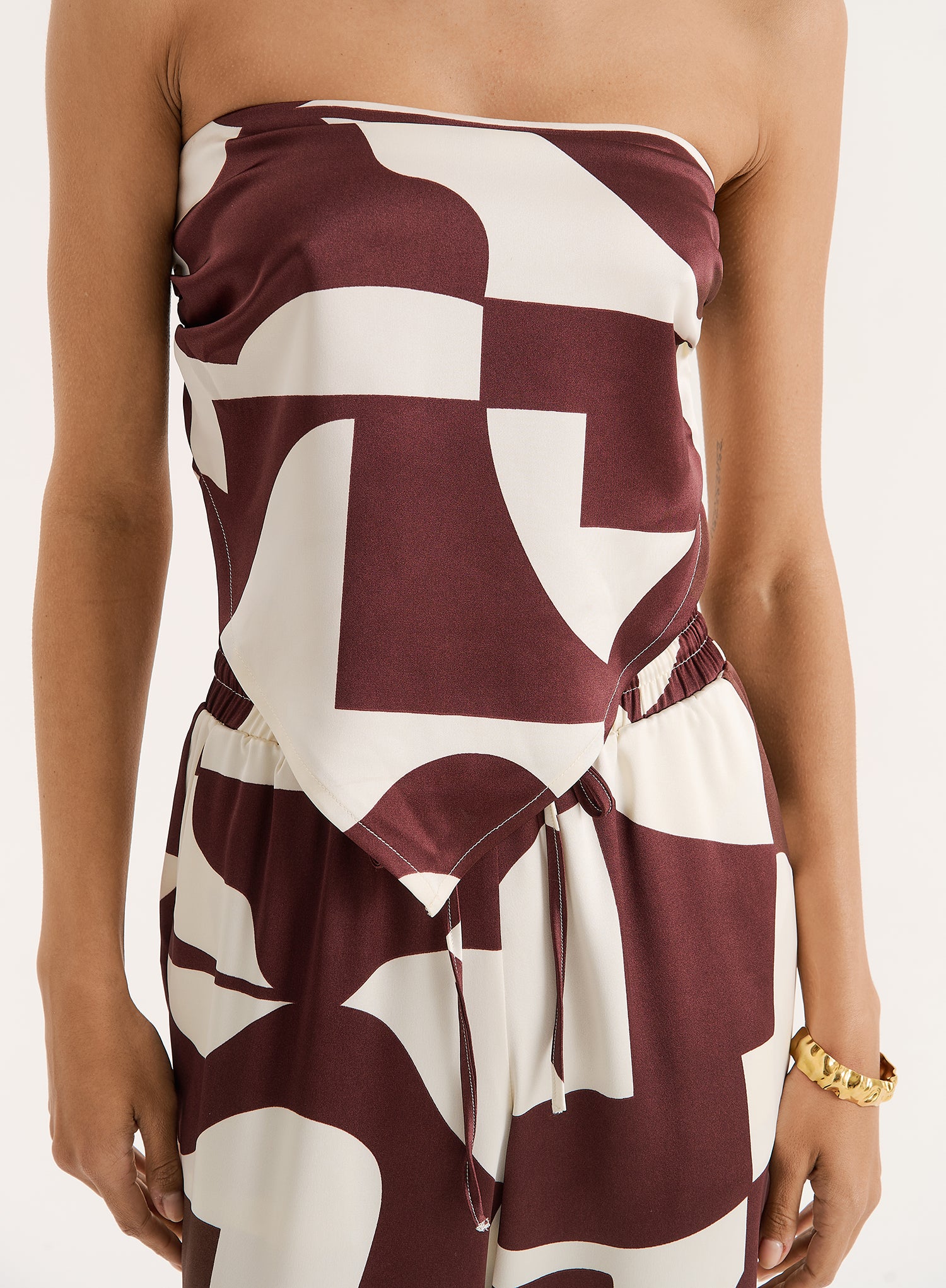 Chocolate Abstract Print Satin Bandeau Top